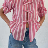Tied Round Neck Balloon Sleeve Shirt