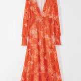 Smocked Printed V-Neck Long Sleeve Dress