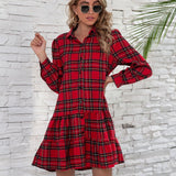 Ruffle Hem Plaid Button Down Long Sleeve Dress