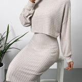 Mock Neck Long Sleeve Top and Wide Strap Dress Set