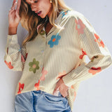 Striped Flower Button Up Long Sleeve Shirt