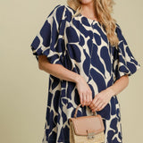 Umgee Two Tone Abstract Print Puff Sleeve Dress