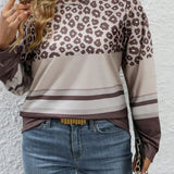 Plus Size Leopard Round Neck Long Sleeve Top