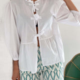 Tied Round Neck Balloon Sleeve Shirt