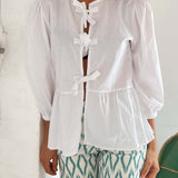 Tied Round Neck Balloon Sleeve Shirt