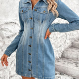 Pocketed Button Up Long Sleeve Denim Dress