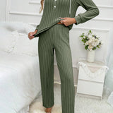 Drawstring Half Button Hooded Top and Ribbed Pants Set