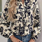 Perfee Printed Notched Long Sleeve Shirt