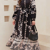 Printed Round Neck Long Sleeve Maxi Dress with Pockets