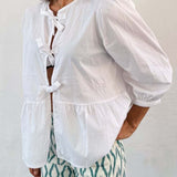 Tied Round Neck Balloon Sleeve Shirt