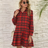 Ruffle Hem Plaid Button Down Long Sleeve Dress