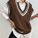 Pearl Trim Contrast V-Neck Sweater Vest