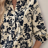 Perfee Printed Notched Long Sleeve Shirt