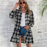 Ruffle Hem Plaid Button Down Long Sleeve Dress