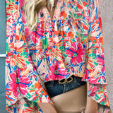 Printed Notched Long Sleeve Blouse