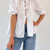 Tied Round Neck Balloon Sleeve Shirt