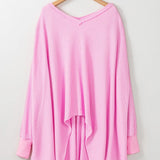 Waffle-Knit V-Neck Long Sleeve Blouse