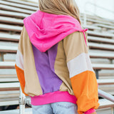 Drawstring Color Block Zip Up Long Sleeve Hoodie