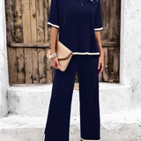 Contrast Trim Round Neck Top and Pants Set