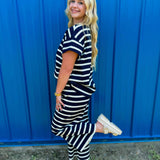 Striped Rib Short Sleeve Set - Navy