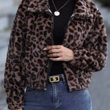 Leopard Collared Neck Zip Up Jacket