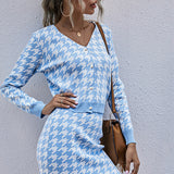 Houndstooth Button Front Sweater and Skirt Set