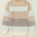 Striped Color Block Round Neck Long Sleeve Sweater