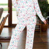 Printed Round Neck Long Sleeve Top and Pants Lounge Set