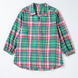 Plaid Collared Neck Three-Quarter Sleeve Blouse