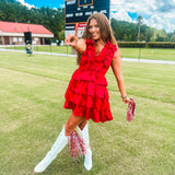 Satin Ruffle Smock Dress- Red