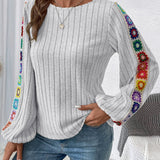 Embroidered Round Neck Long Sleeve Blouse