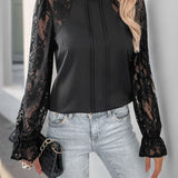 Perfee Mock Neck Lace Long Sleeve Blouse