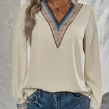 Contrast V-Neck Long Sleeve Blouse