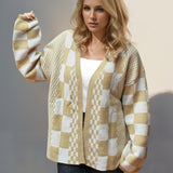 Double Take Checkered Open Front Dropped Shoulder Cardigan