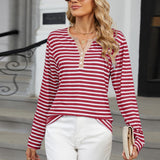 Striped Notched Long Sleeve T-Shirt