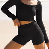 Scoop Neck Long Sleeve Top and Shorts Set