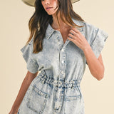 Annie Wear Elastic Waistband Short Sleeve Denim Romper