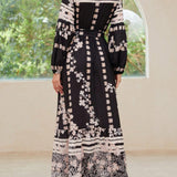 Printed Round Neck Long Sleeve Maxi Dress with Pockets