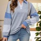 Slit Striped Johnny Collar Long Sleeve Top