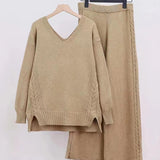 Slit V-Neck Long Sleeve Top and Pants Sweater Set