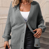 Button Down Horizontal-Ribbing Longline Cardigan