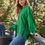 Slit Round Neck Long Sleeve Sweatshirt