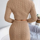 Cable-Knit Round Neck Top and Skirt Sweater Set