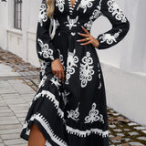 Ruffled Printed Plunge Long Sleeve Dress