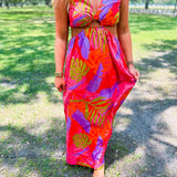 Tropical Vneck Cut-Out Maxi Dress- Fuschia