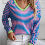 Contrast Trim Striped V-Neck Long Sleeve Knit Top