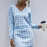 Houndstooth Button Front Sweater and Skirt Set