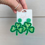 Large Beaded Clover Earrings- Green