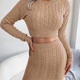 Cable-Knit Round Neck Top and Skirt Sweater Set