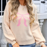 Bow Graphic Round Neck Long Sleeve Sweater